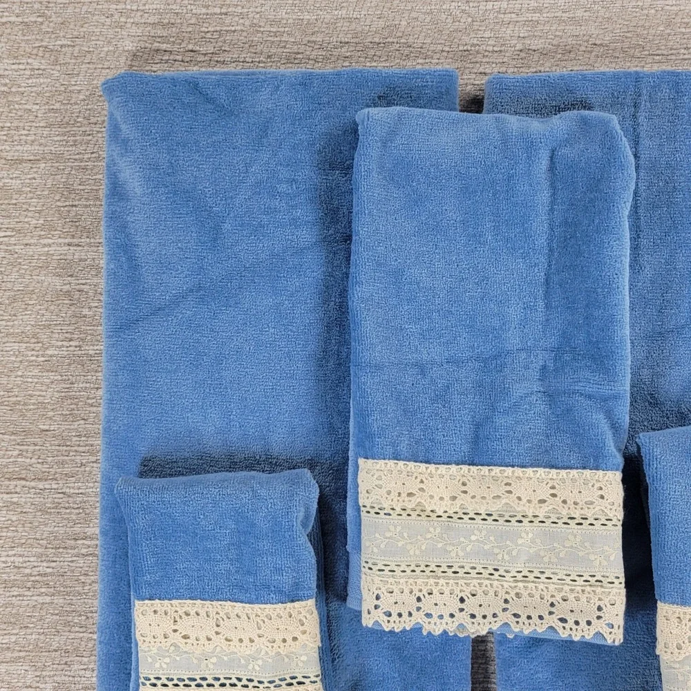 Caldwell Tara Towel Set 5 Pc Blue Crochet Lace Trim Eyelet Cottagecore NWT